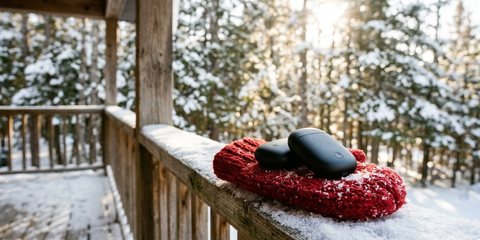 A pair of black rechargeable hand warmers on a red wool mitten on a snowy cottage porch railing