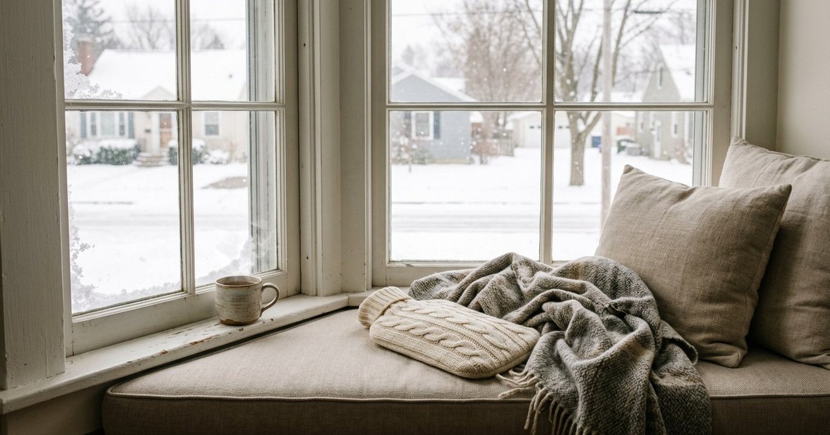 A hot water bottle in a cream cable-knit cover under a wool throw on a window seat, snow falling outside