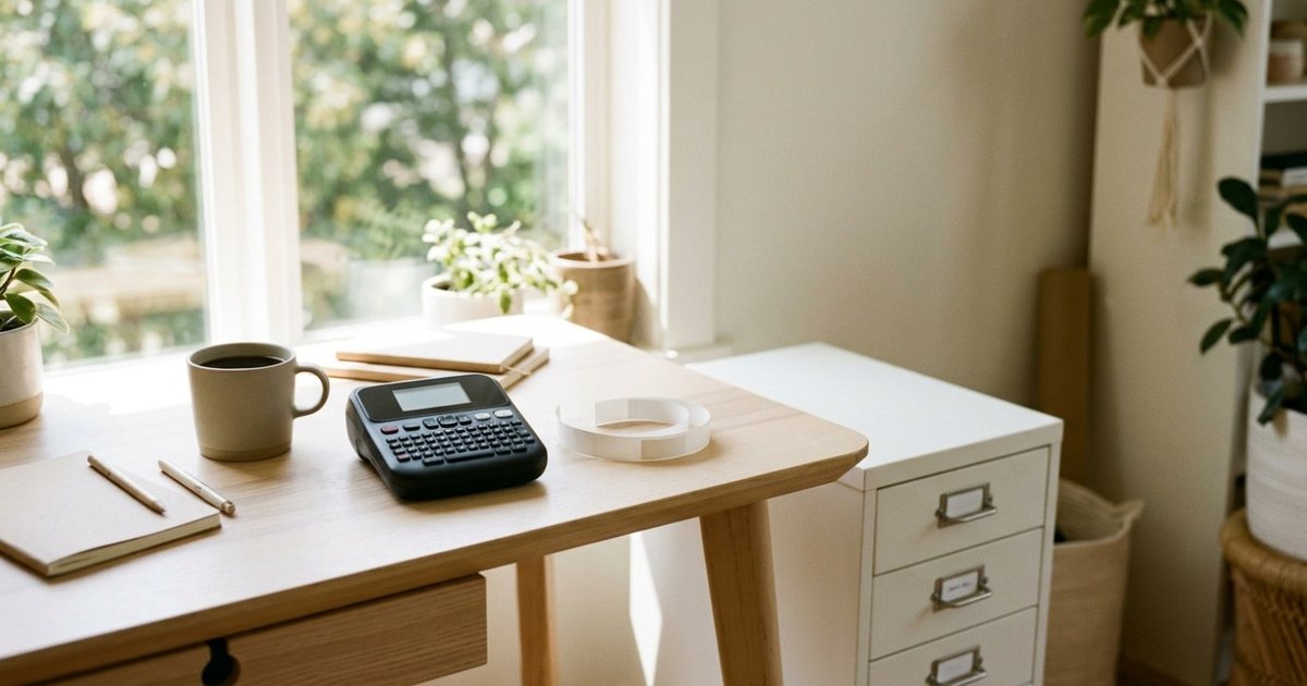 A black label maker and a curl of label tape on a home office desk beside a white filing cabinet with labelled drawers