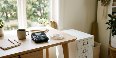 A black label maker and a curl of label tape on a home office desk beside a white filing cabinet with labelled drawers