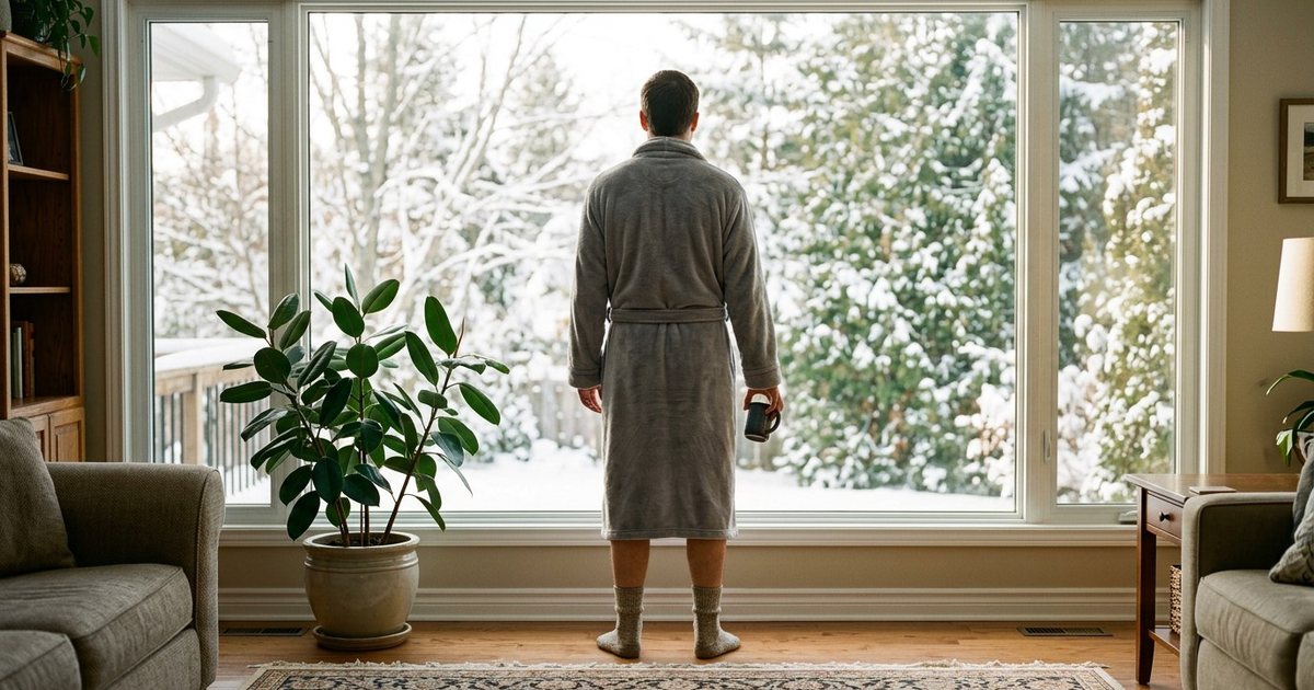 A man seen from behind in a grey fleece bathrobe at a living-room window, looking out at snowy trees