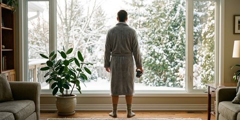 A man seen from behind in a grey fleece bathrobe at a living-room window, looking out at snowy trees