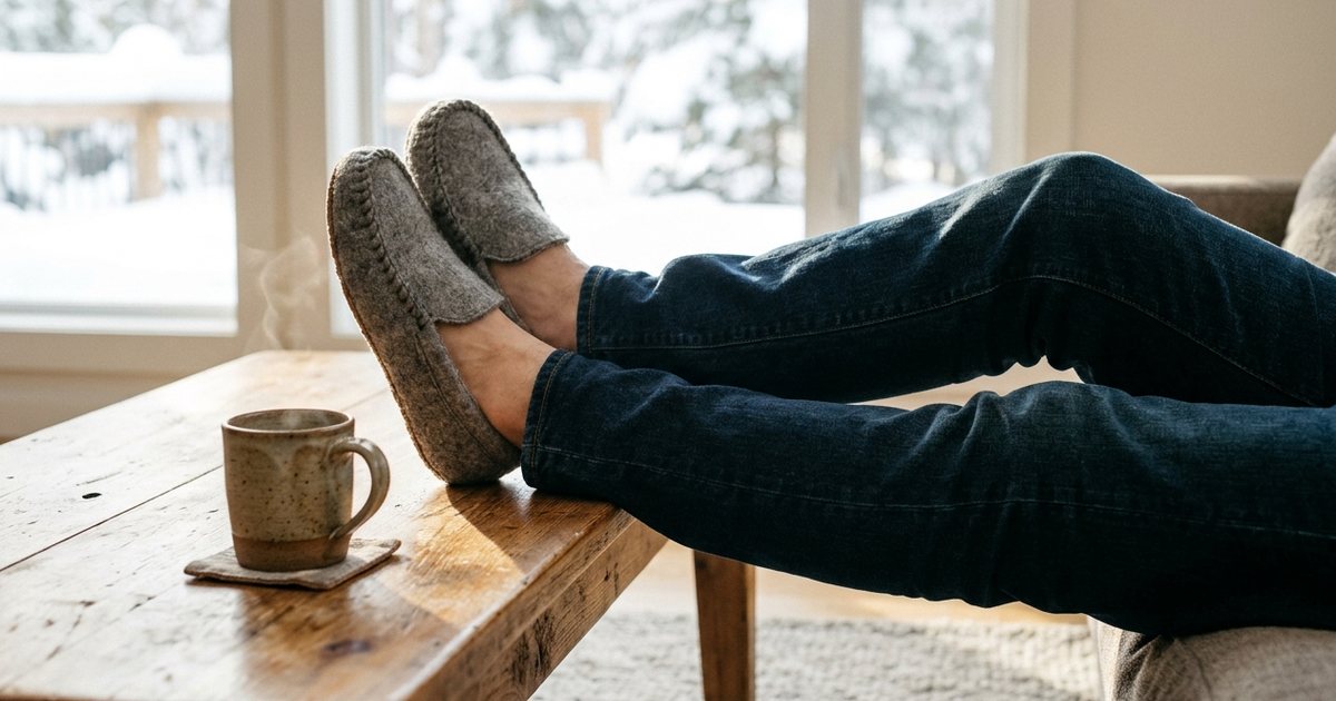 A man in jeans with his feet up on a wooden coffee table in grey felt slippers, snow outside the window and a mug beside him