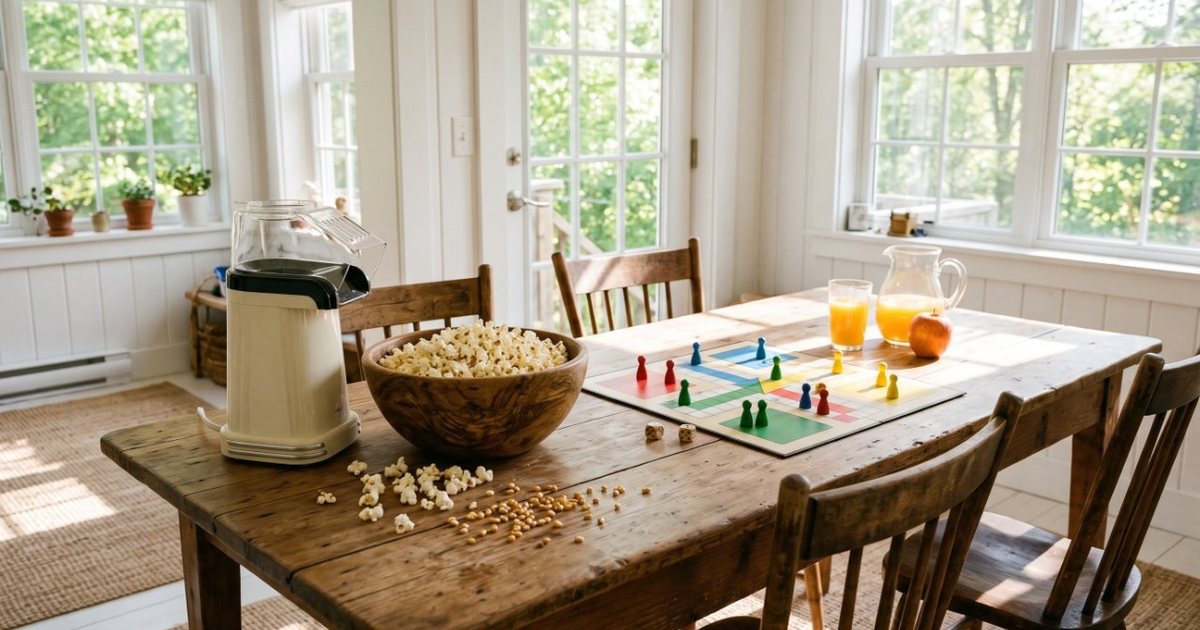 A cream hot-air popcorn popper and a wooden bowl of popcorn on a cottage dining table set for a board game