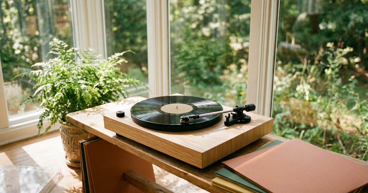 A light wood turntable playing a record on a low bench in a bright sunroom, beside a fern and a stack of record sleeves