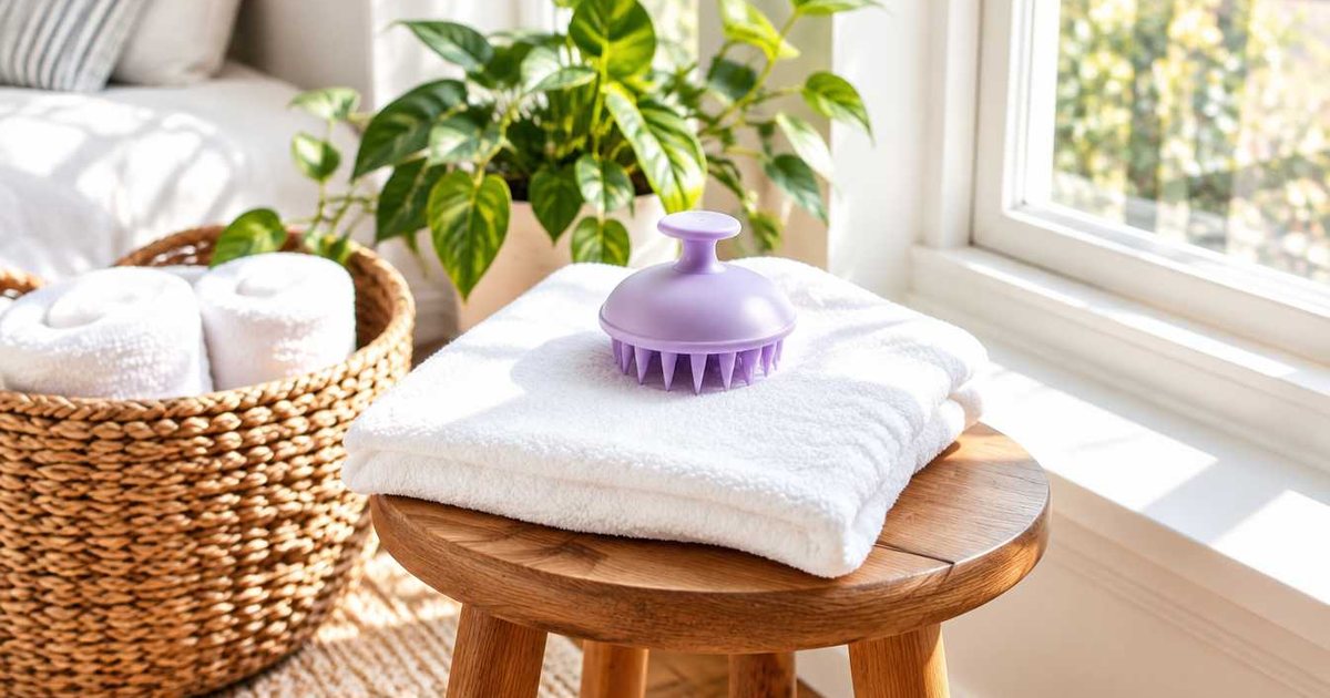 A lilac silicone scalp massager on a folded white towel on a wooden stool by a sunny bedroom window