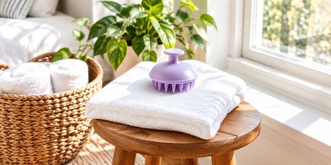 A lilac silicone scalp massager on a folded white towel on a wooden stool by a sunny bedroom window