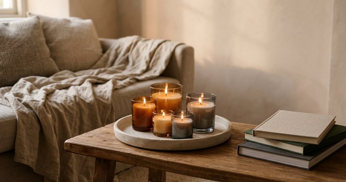 Lit candles in amber and smoked-grey glass on a ceramic tray on a wooden coffee table beside a linen-draped sofa