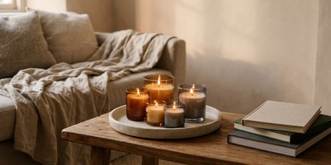 Lit candles in amber and smoked-grey glass on a ceramic tray on a wooden coffee table beside a linen-draped sofa