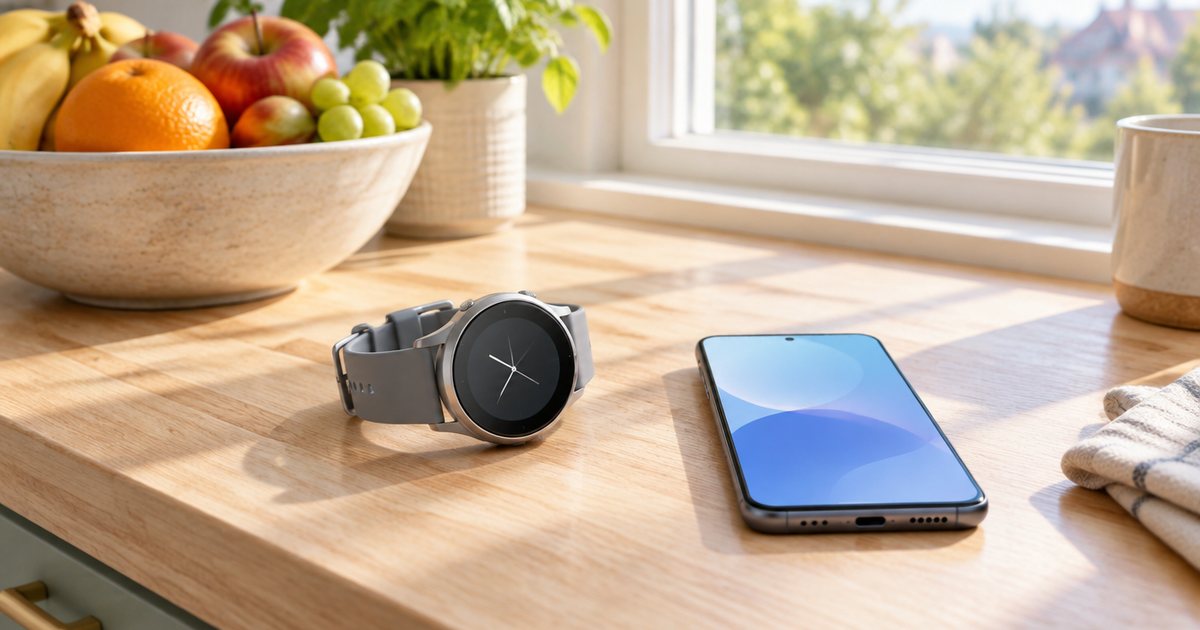 A round silver smartwatch beside a phone on a pale kitchen counter