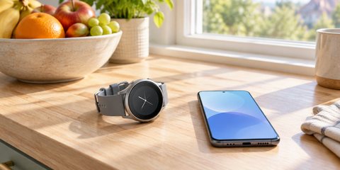 A round silver smartwatch beside a phone on a pale kitchen counter