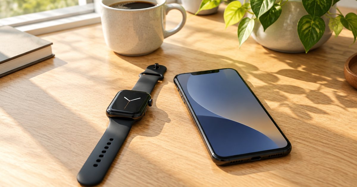 A square black smartwatch beside a phone on a light oak desk