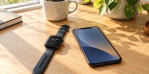 A square black smartwatch beside a phone on a light oak desk