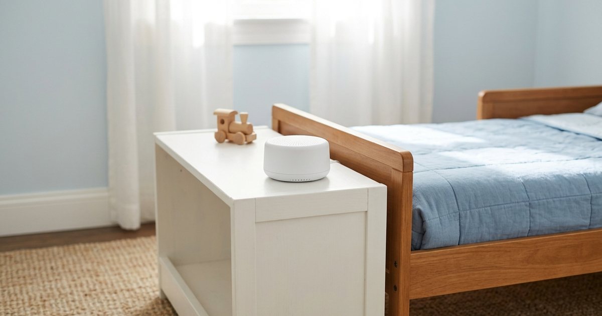 A small white sound machine on a low white shelf beside a toddler bed with a blue quilt, a wooden toy train next to it, in a bright bedroom