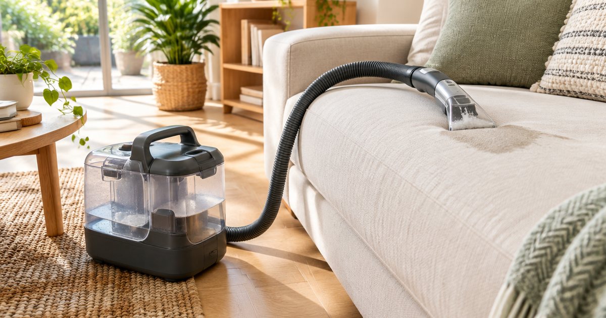 A portable spot cleaner by a pale sofa, its hose and upholstery tool on the cushion where a stain was lifted