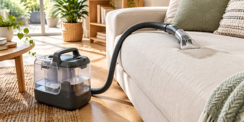 A portable spot cleaner by a pale sofa, its hose and upholstery tool on the cushion where a stain was lifted