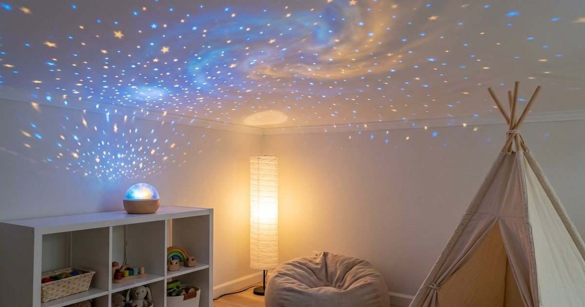 A small star projector on a low toy shelf in a kids’ playroom, casting blue and gold stars across the flat ceiling, a paper floor lamp and a teepee beside it