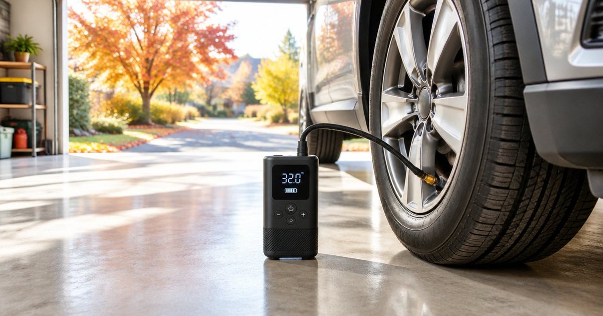 A portable tire inflator on a bright garage floor, its hose on an SUV’s front tire valve, autumn trees outside the open door