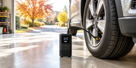 A portable tire inflator on a bright garage floor, its hose on an SUV’s front tire valve, autumn trees outside the open door