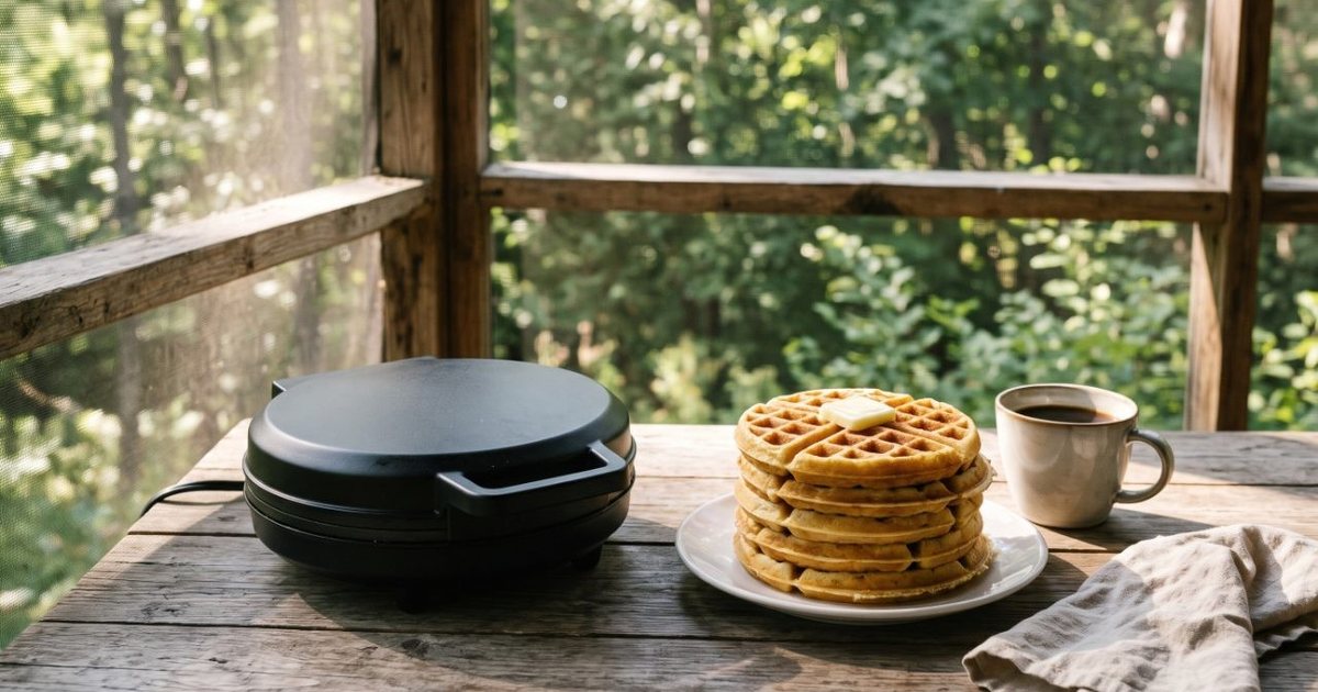 A round black waffle maker on a sunny cottage porch table beside a stack of golden waffles
