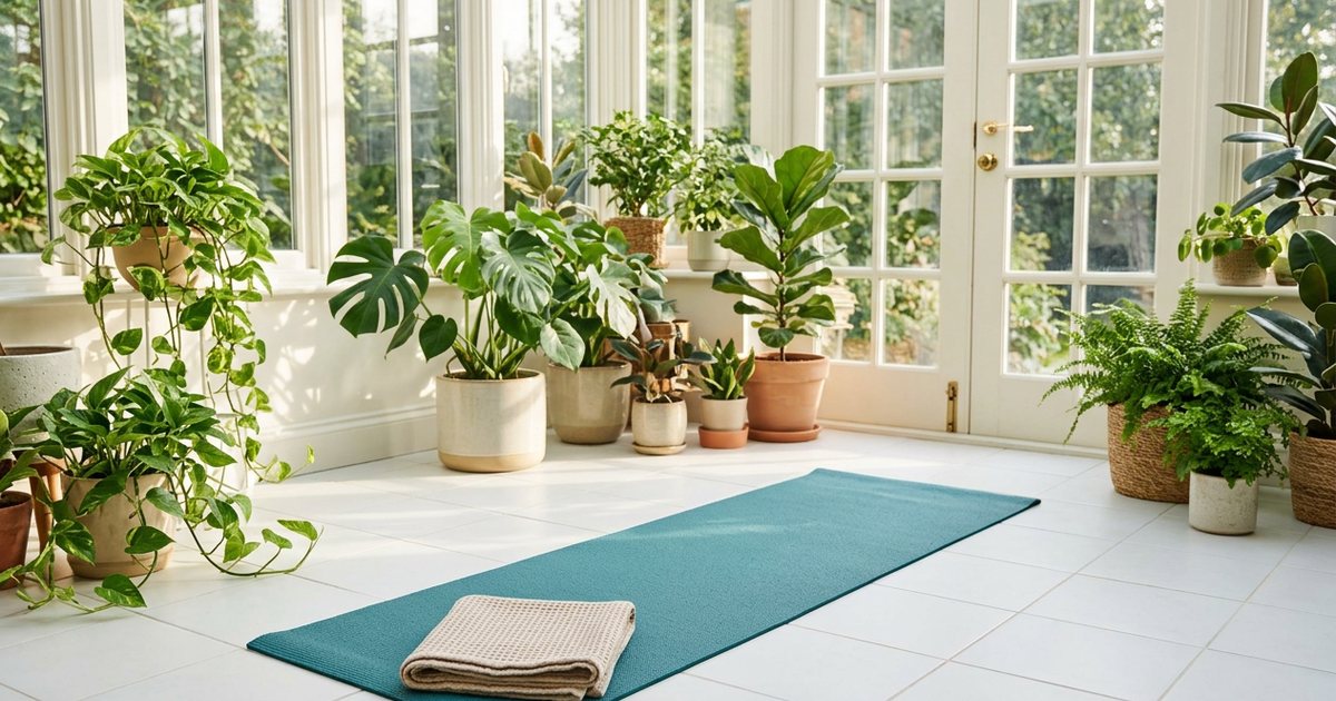 A teal yoga mat unrolled on the white tiled floor of a sunroom full of potted plants, a folded towel at one end