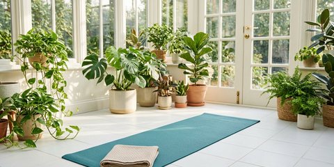 A teal yoga mat unrolled on the white tiled floor of a sunroom full of potted plants, a folded towel at one end