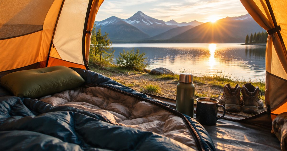 Inside a tent at sunrise looking out to a lake and mountains, a sleeping bag and camping pillow, a flask and mug by the door