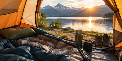Inside a tent at sunrise looking out to a lake and mountains, a sleeping bag and camping pillow, a flask and mug by the door