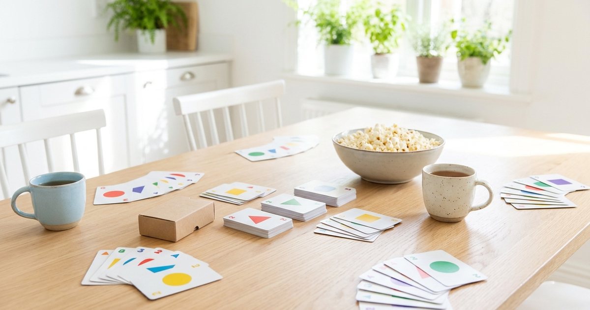 A card game in progress on a pale oak table in a bright white kitchen, with mugs of tea and popcorn