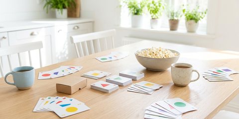 A card game in progress on a pale oak table in a bright white kitchen, with mugs of tea and popcorn