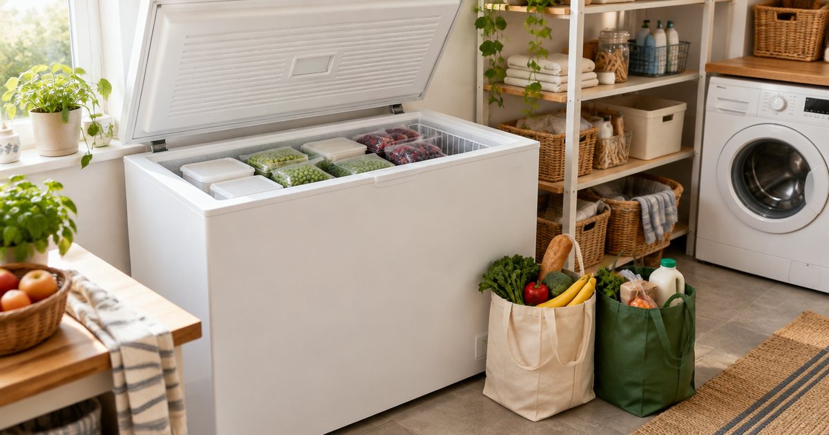 A white chest freezer with its lid open in a bright utility room, shopping bags beside it after the weekly shop