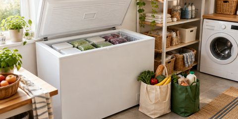 A white chest freezer with its lid open in a bright utility room, shopping bags beside it after the weekly shop