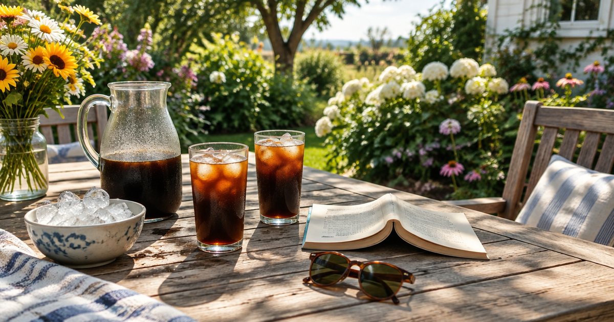 A cold brew coffee pitcher and two glasses of iced coffee on a sunny garden table with a book and sunglasses