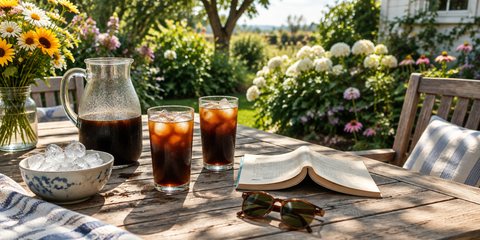 A cold brew coffee pitcher and two glasses of iced coffee on a sunny garden table with a book and sunglasses