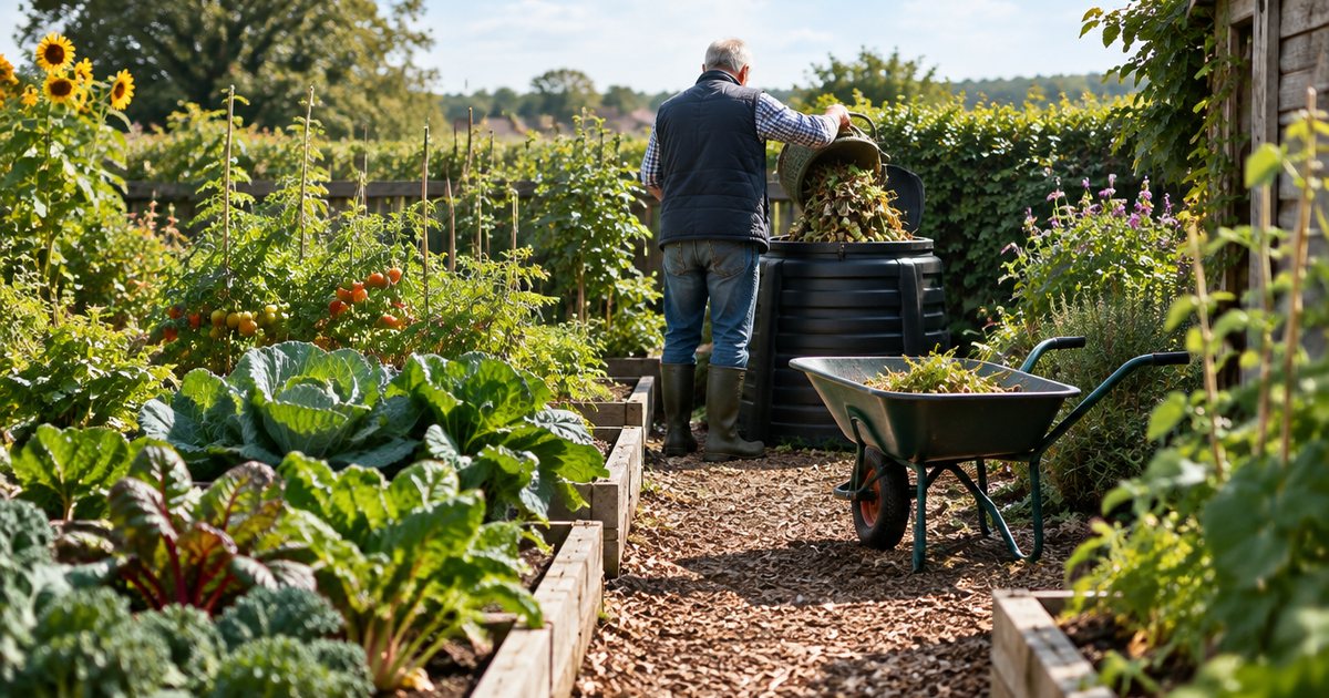 A gardener seen from behind tipping a trug into a black compost bin at the end of a sunny vegetable patch