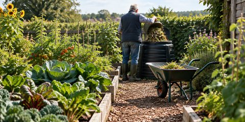 A gardener seen from behind tipping a trug into a black compost bin at the end of a sunny vegetable patch
