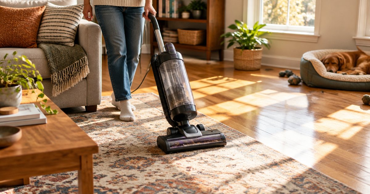 A person vacuuming a living room rug with an upright vacuum cleaner, seen from the waist down, sunlight across a wooden floor, a dog bed in the corner