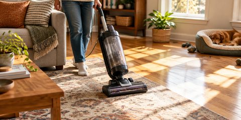 A person vacuuming a living room rug with an upright vacuum cleaner, seen from the waist down, sunlight across a wooden floor, a dog bed in the corner