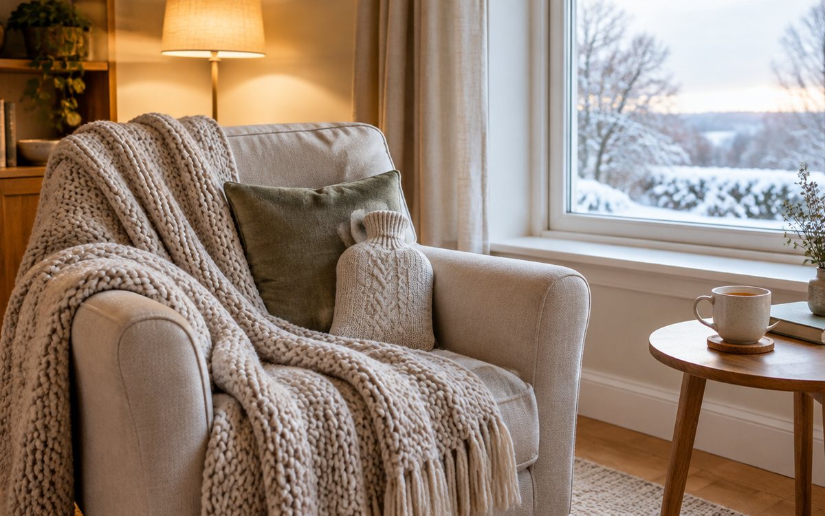 A cosy armchair by a window on a winter afternoon with a chunky knitted throw, a hot water bottle in a knitted cover and a mug of tea on a side table, warm lamp light