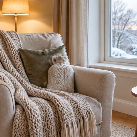 A cosy armchair by a window on a winter afternoon with a chunky knitted throw, a hot water bottle in a knitted cover and a mug of tea on a side table, warm lamp light