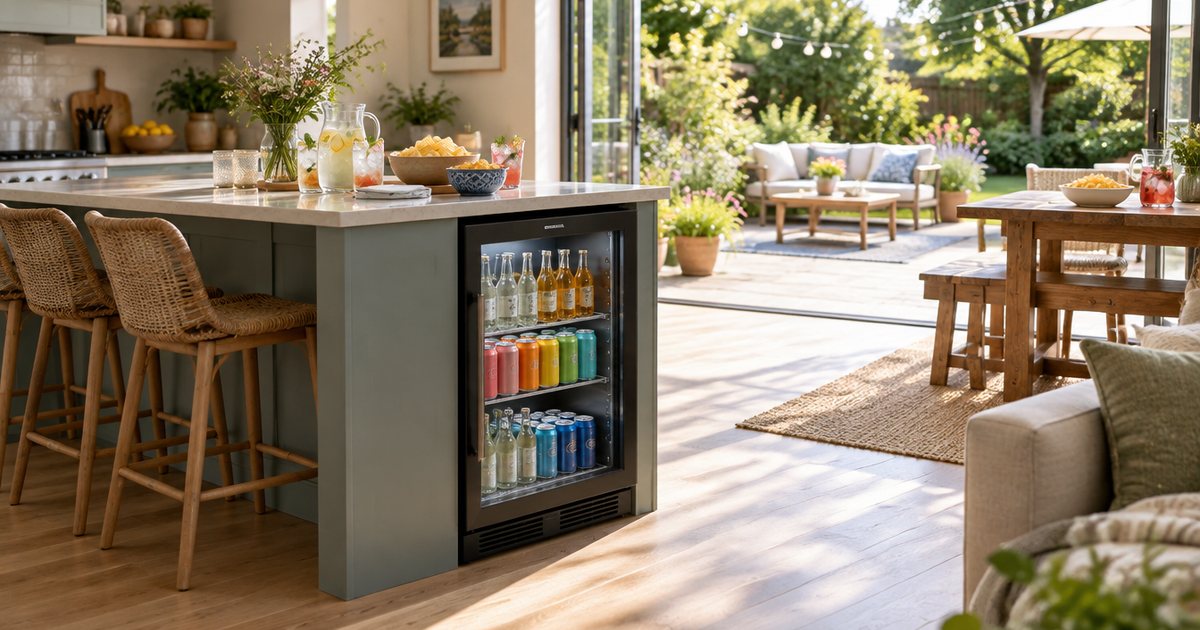 A glass-door drinks fridge built into a kitchen island, drinks poured above and garden doors open on a summer afternoon