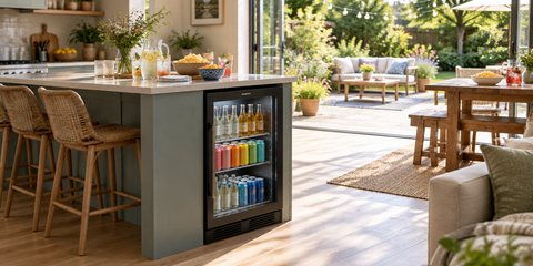 A glass-door drinks fridge built into a kitchen island, drinks poured above and garden doors open on a summer afternoon