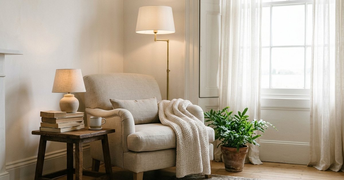 A bright reading corner with a linen armchair, a brass floor lamp and a table lamp glowing warm white