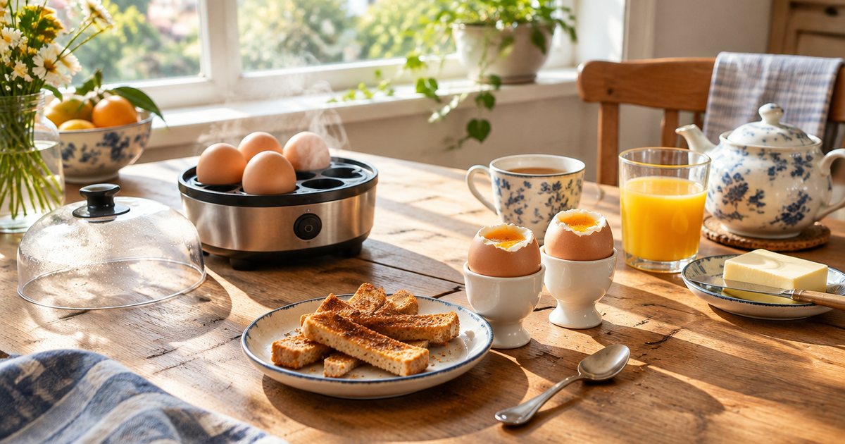 An electric egg cooker on a breakfast table with soft-boiled eggs in egg cups, toast soldiers and orange juice
