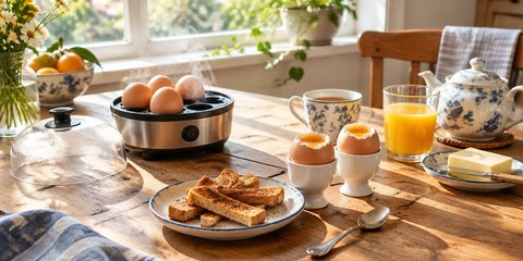 An electric egg cooker on a breakfast table with soft-boiled eggs in egg cups, toast soldiers and orange juice