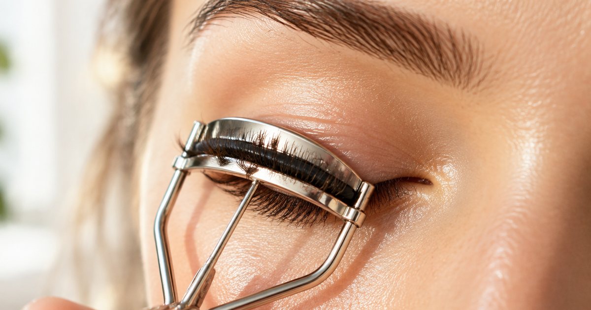 Extreme close-up of one closed eye with long natural lashes as a slim metal eyelash curler gently curls them, glowing skin, soft natural window light