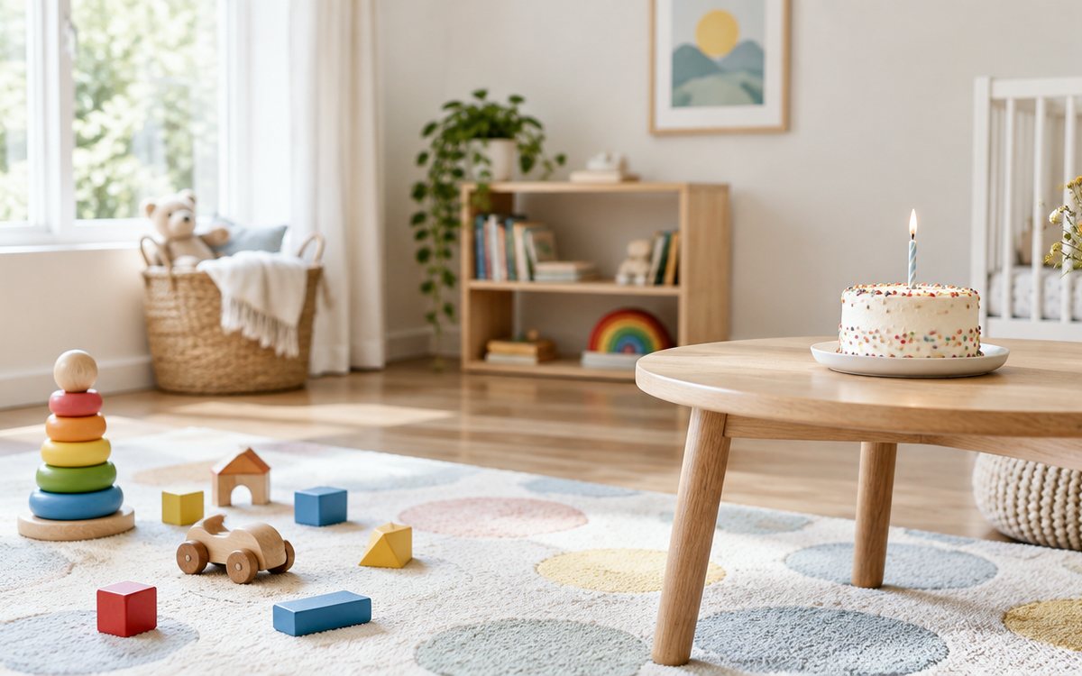 Colourful wooden toys and a stacking ring toy on a soft play mat in a bright nursery, a small first-birthday cake with one candle on a low table