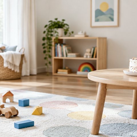 Colourful wooden toys and a stacking ring toy on a soft play mat in a bright nursery, a small first-birthday cake with one candle on a low table