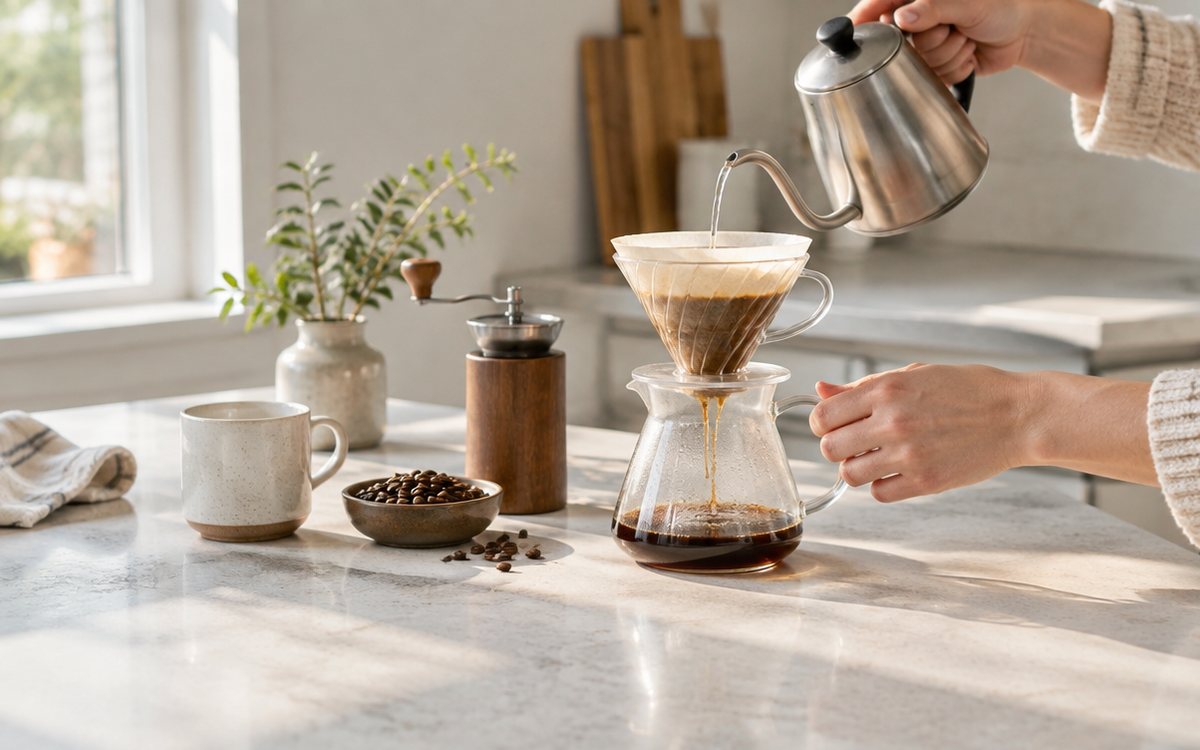 Pour-over coffee being made on a kitchen counter beside a hand grinder, coffee beans and a mug, morning light, hands only and no faces