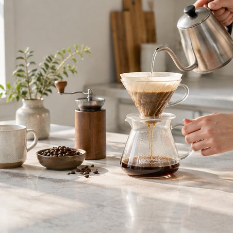 Pour-over coffee being made on a kitchen counter beside a hand grinder, coffee beans and a mug, morning light, hands only and no faces